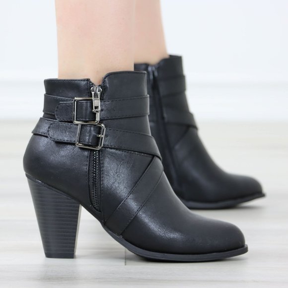 Black Ankle Boots High Heeled Booties Pointed Toe Chunky Cone Heel - Picture 4 of 12